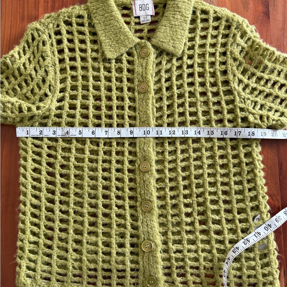 BDG For Urban Outfitters Open-Knit Short Sleeve Button Cardigan in Chartreuse - Picture 10 of 11